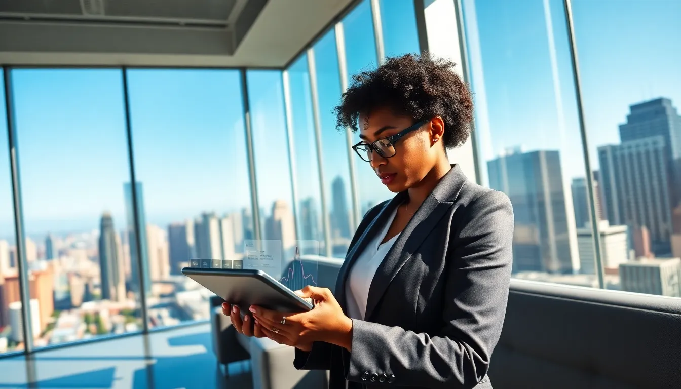 A woman using a tablet in a modern real estate office overlooking a city skyline.