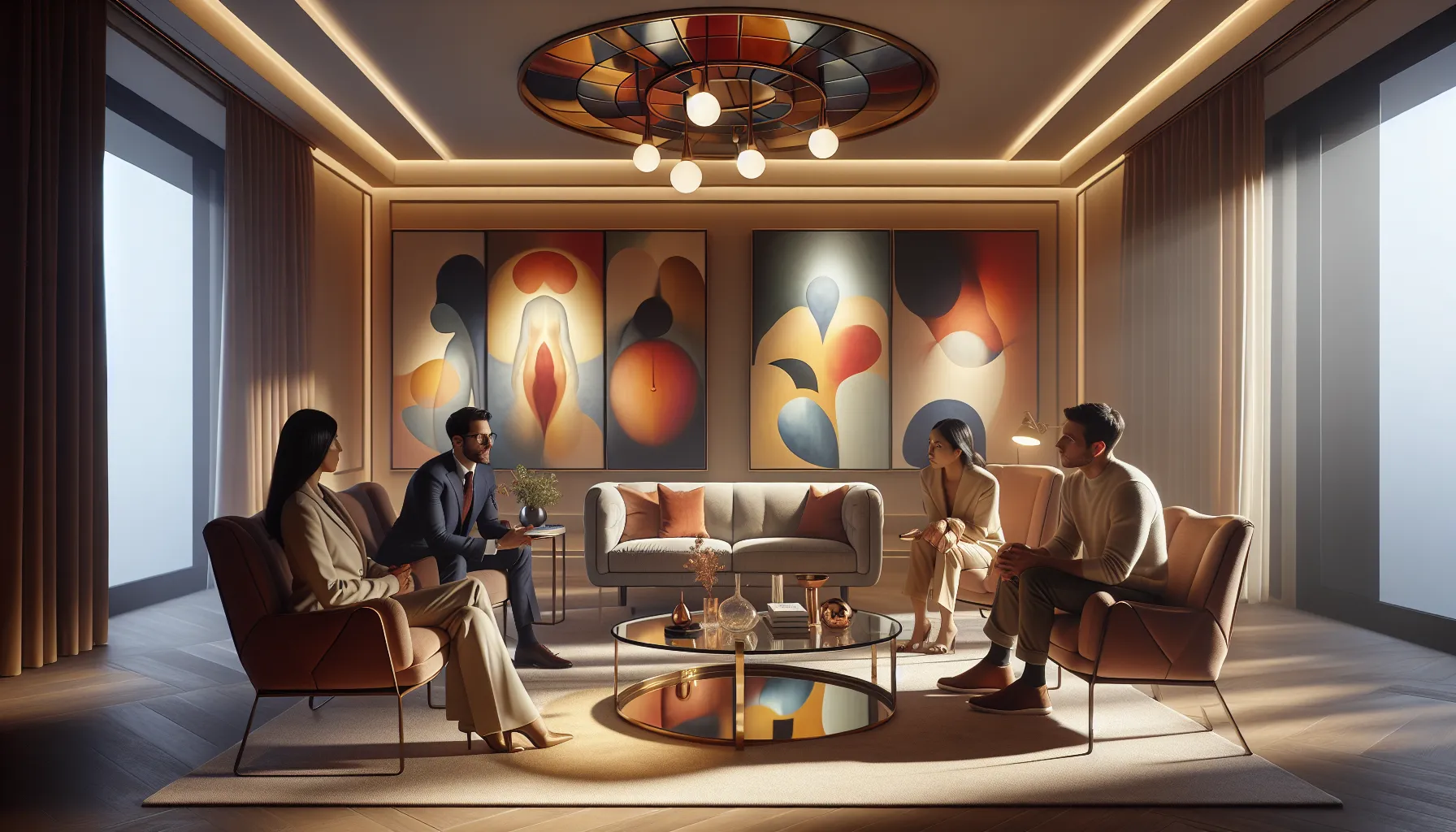 diverse therapists discussing emotional connections in a cozy therapy room.