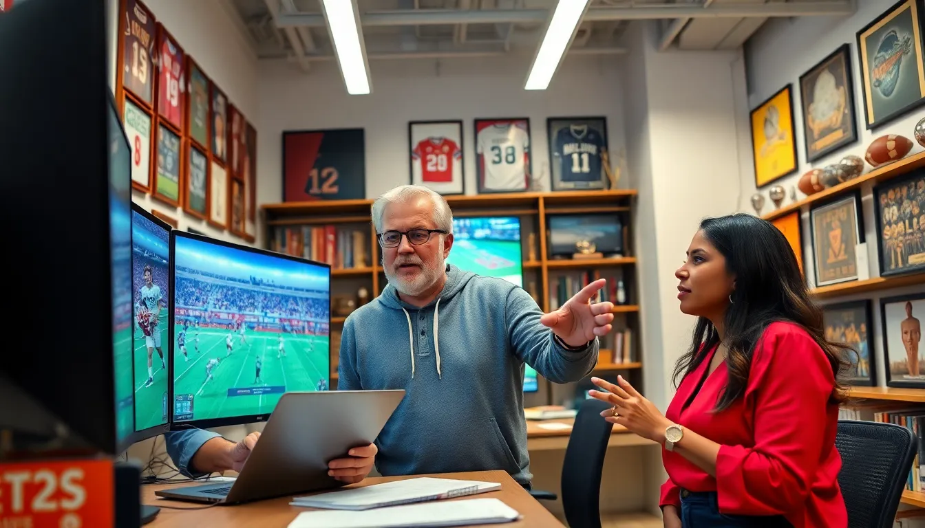 a diverse group of journalists reviewing sports highlights in a modern archive office.