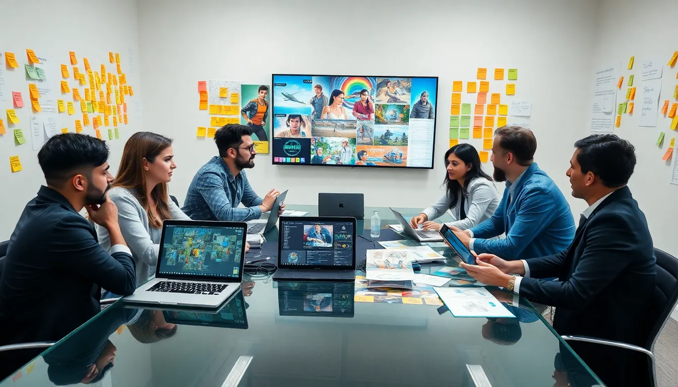 diverse team collaborating on game development in a modern office setting.