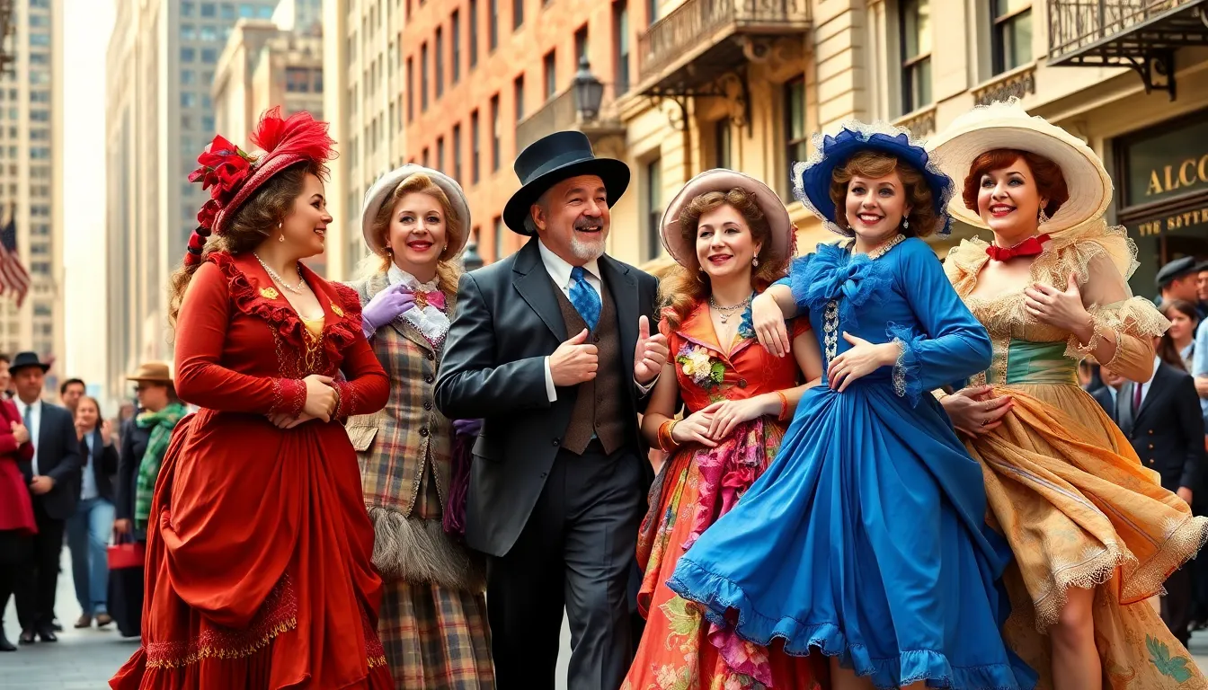 diverse cast in vibrant costumes celebrating in a New York City street.