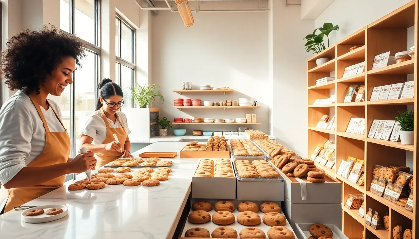 bakers crafting cookies in a vibrant bakery setting.