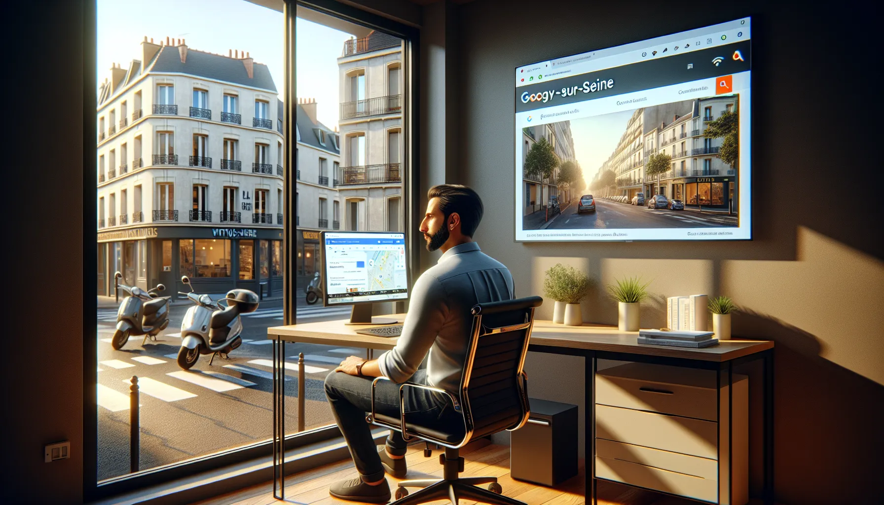 Local business owner in Vitry-sur-Seine viewing top Google results on screen.