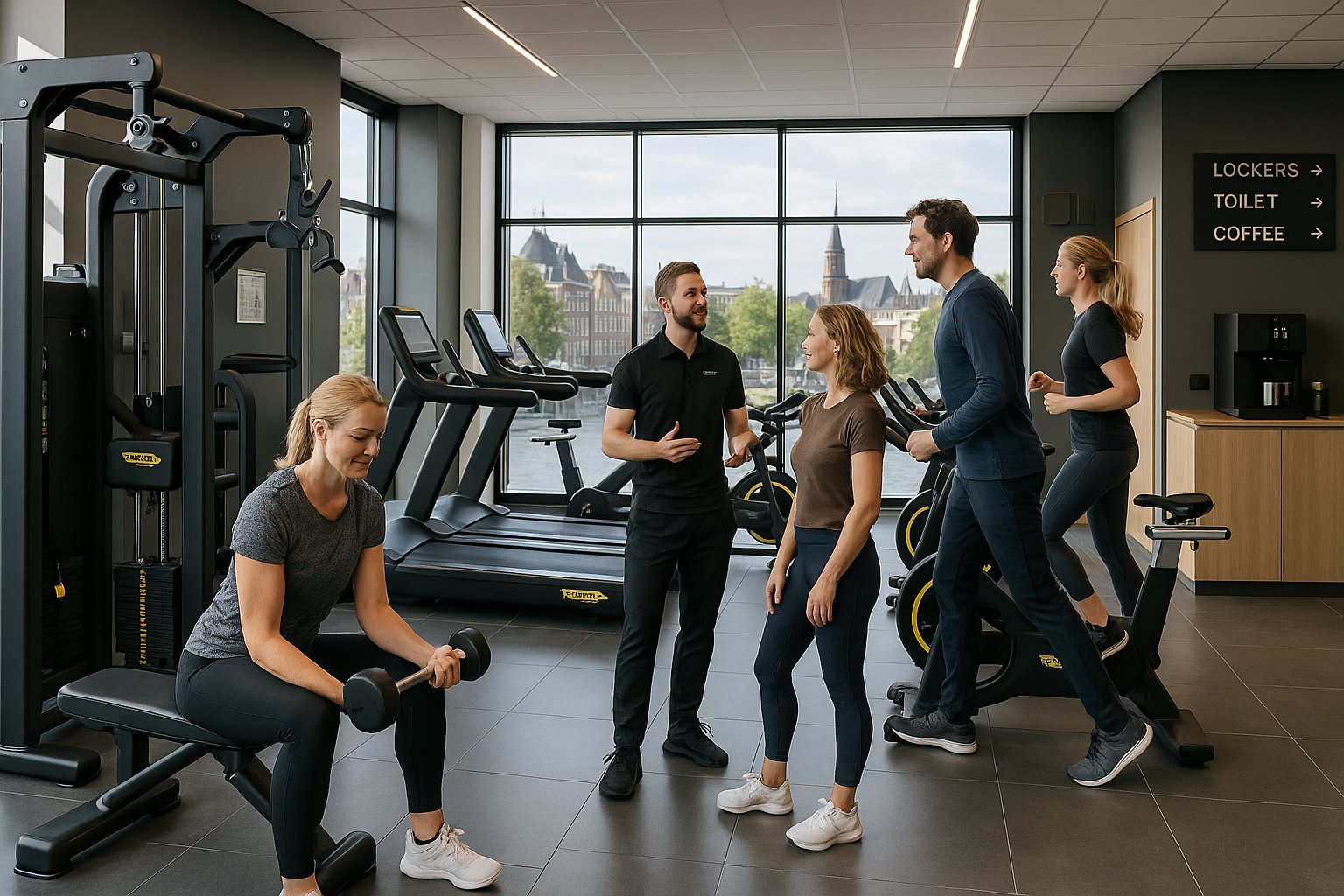 Dutch gym with diverse people using modern fitness equipment.