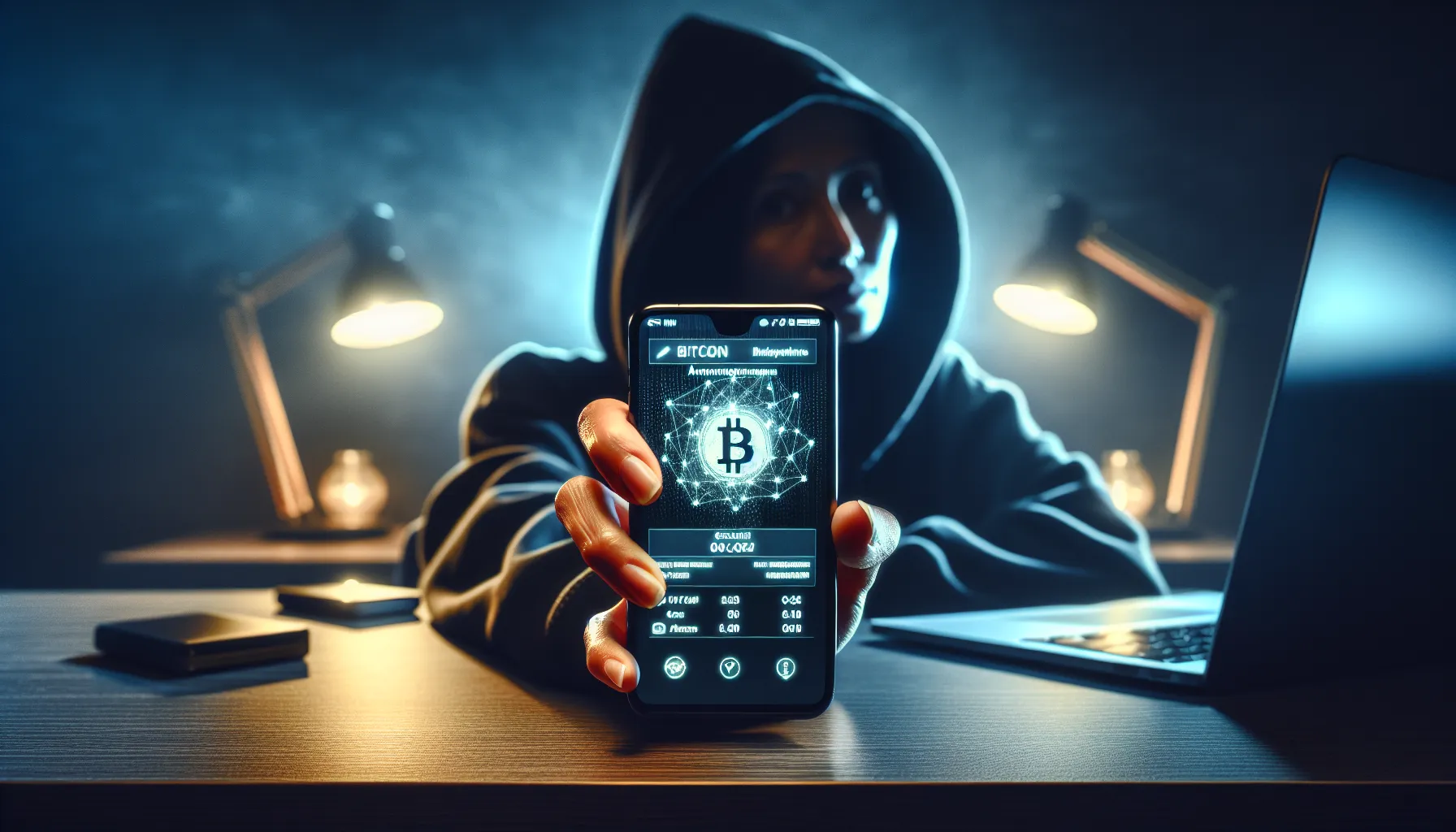 Person in hoodie holding smartphone displaying anonymous cryptocurrency wallet interface in dim lighting.