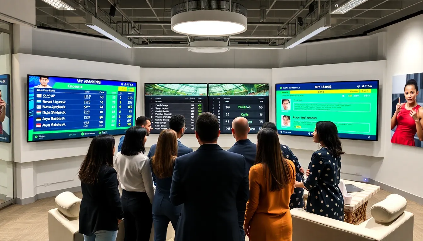 sports professionals discussing tennis rankings in a modern newsroom.