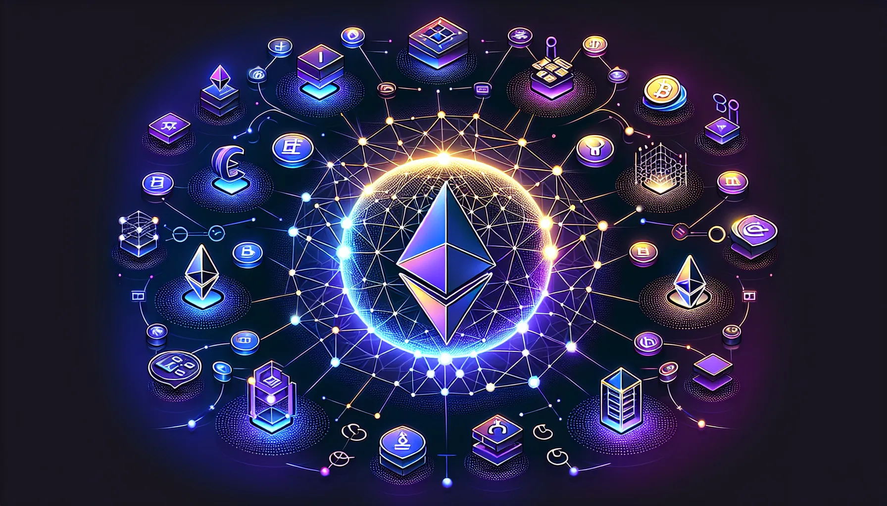 Layered diagram of Ethereum's ecosystem showing smart contracts, DeFi, NFTs, and Ether token flow.