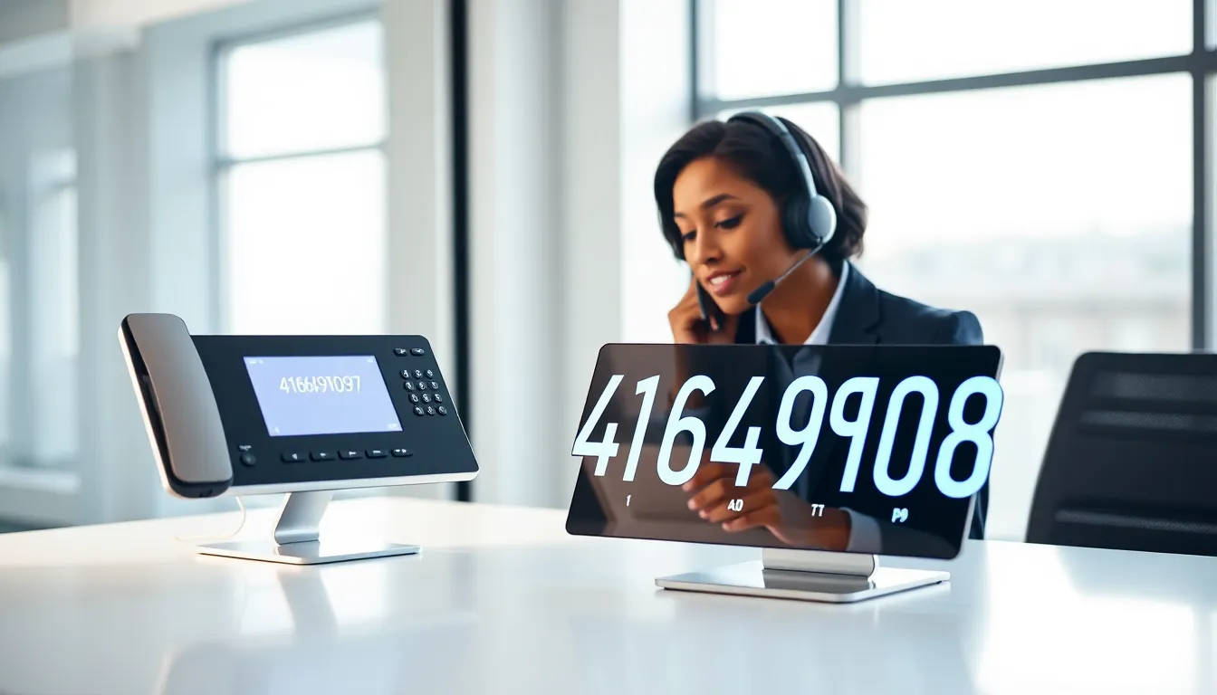 a professional discussing a phone number in a modern office.