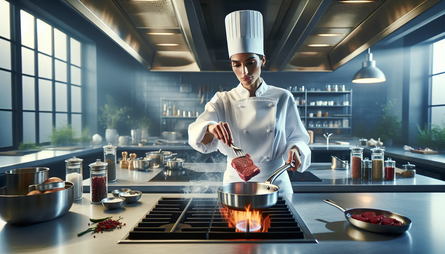 Chef preparing steak in a modern kitchen with a focus on cooking temperature.
