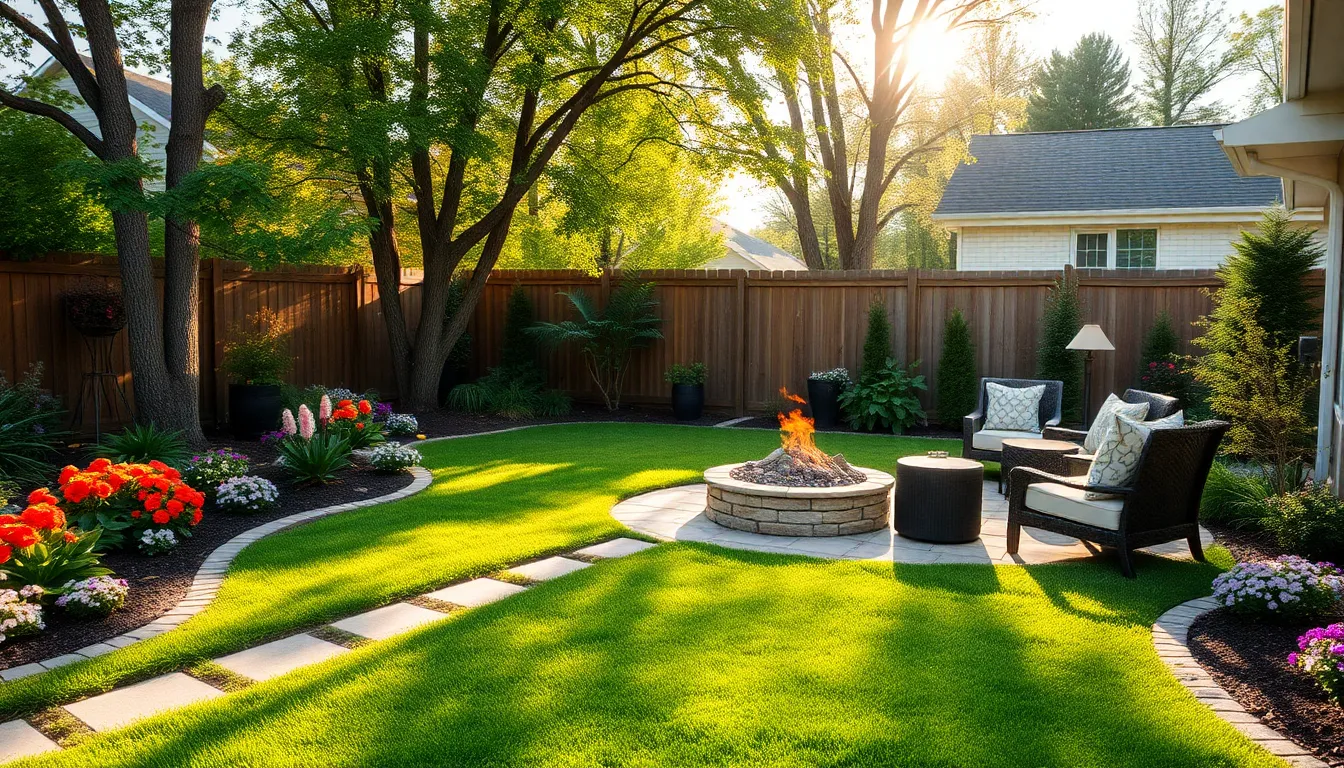 inviting backyard landscape with garden, play area, and fire pit.