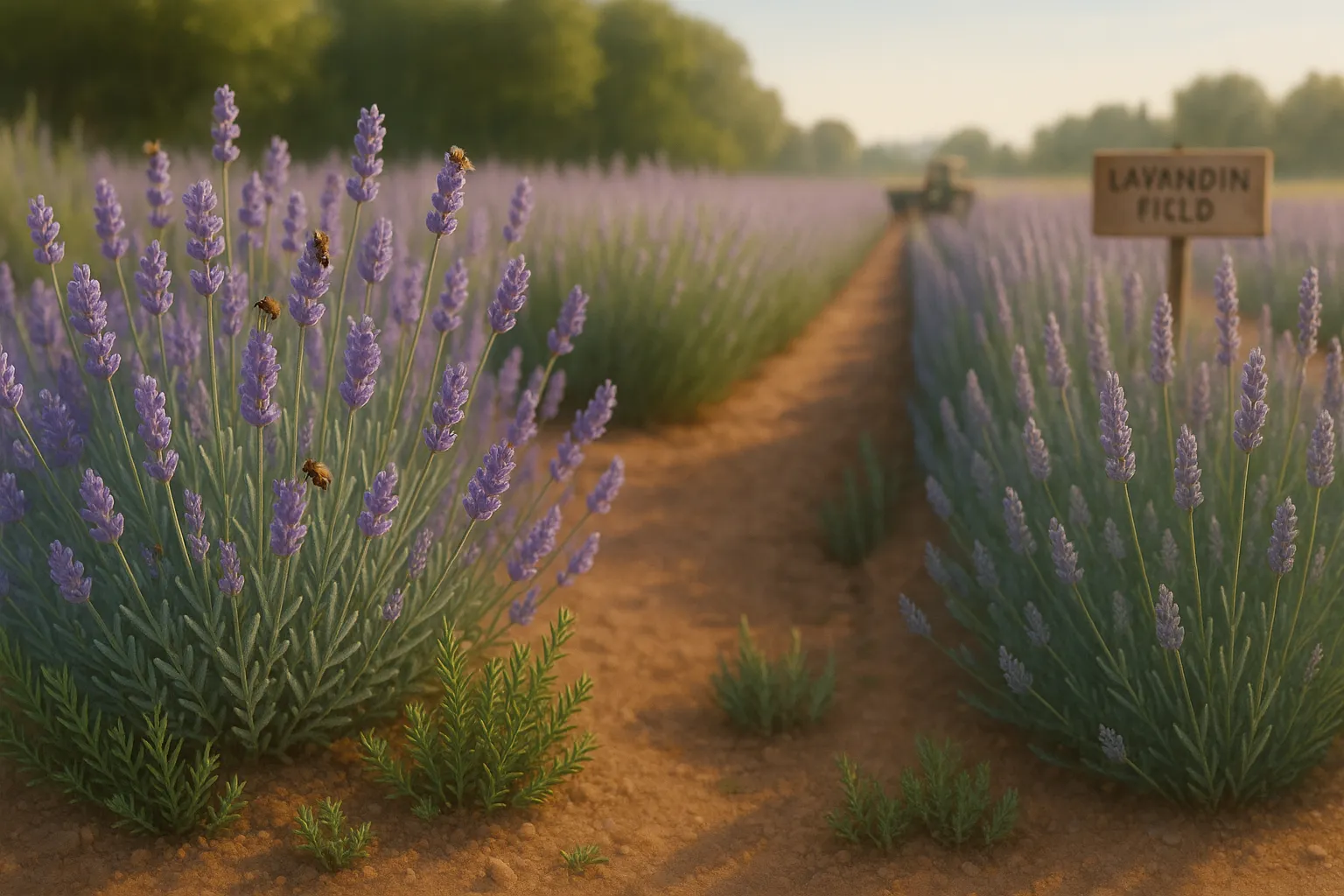 Compact English lavender beside rosemary with taller lavandin rows for oil production.