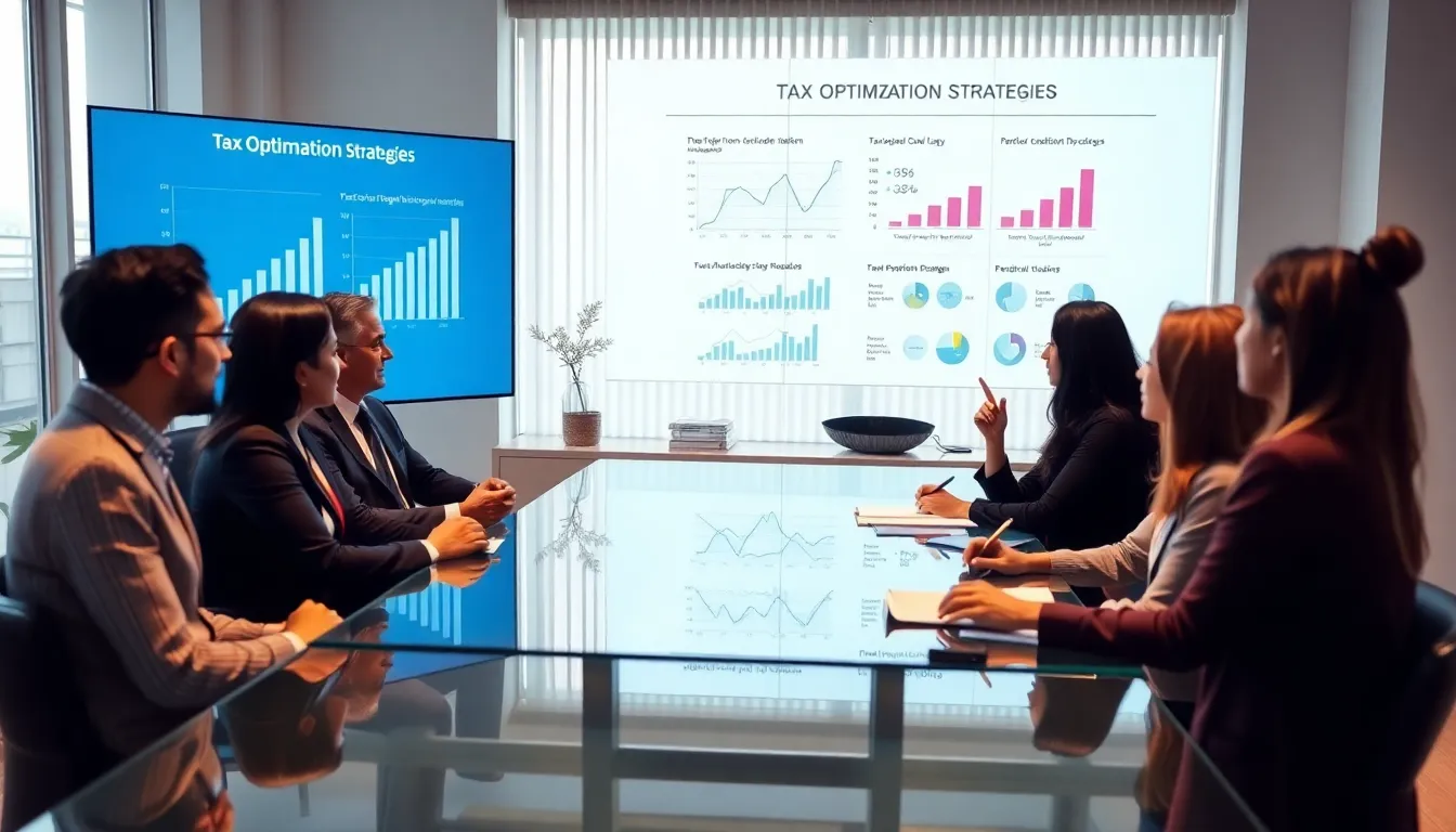 financial advisor discussing tax optimization strategies with diverse clients.