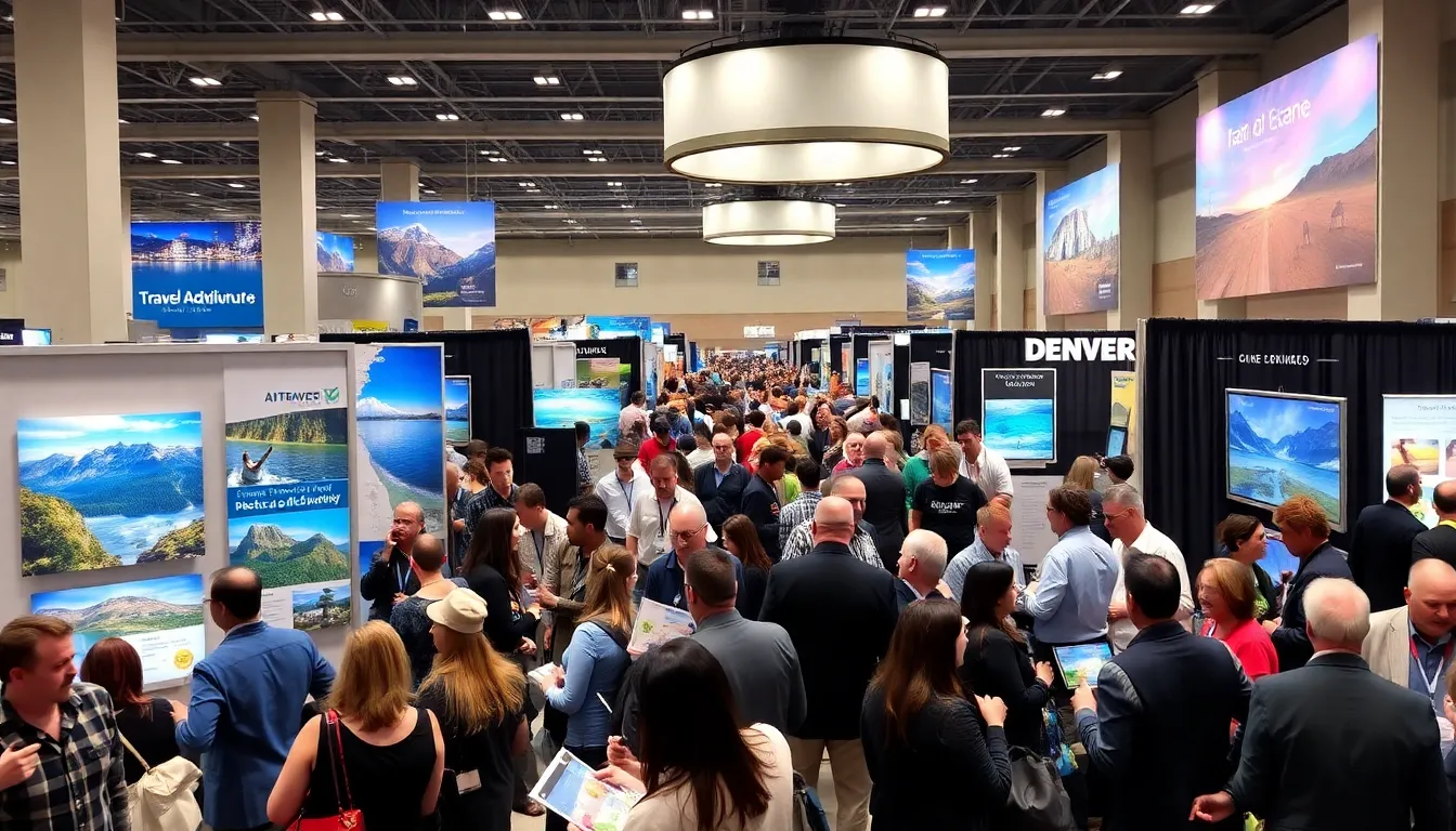 busy trade show with diverse attendees exploring travel opportunities.