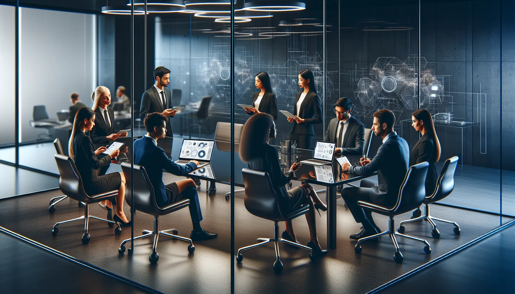 diverse professionals collaborating in a modern office setting.