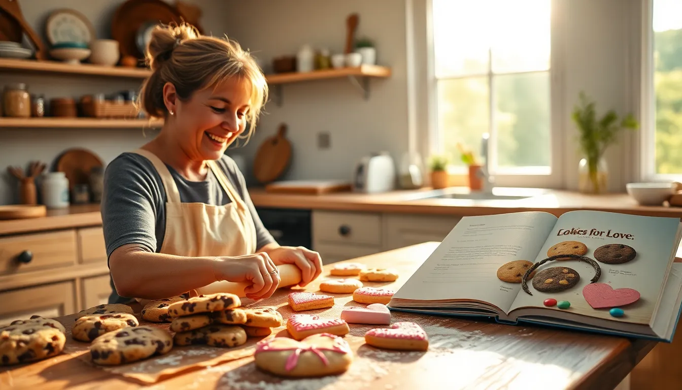 a woman baking heart-shaped cookies in a cozy kitchen.