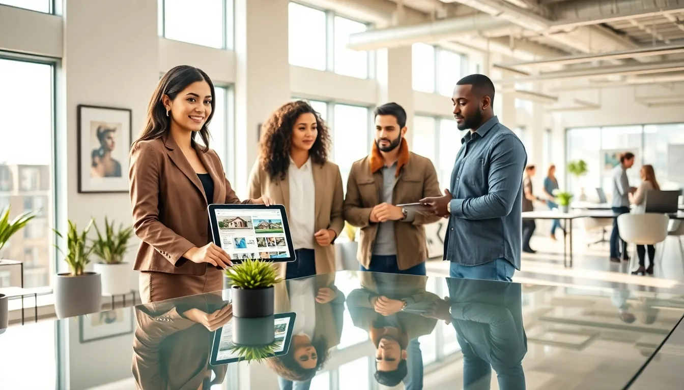 A diverse group discussing real estate in a modern office setting.