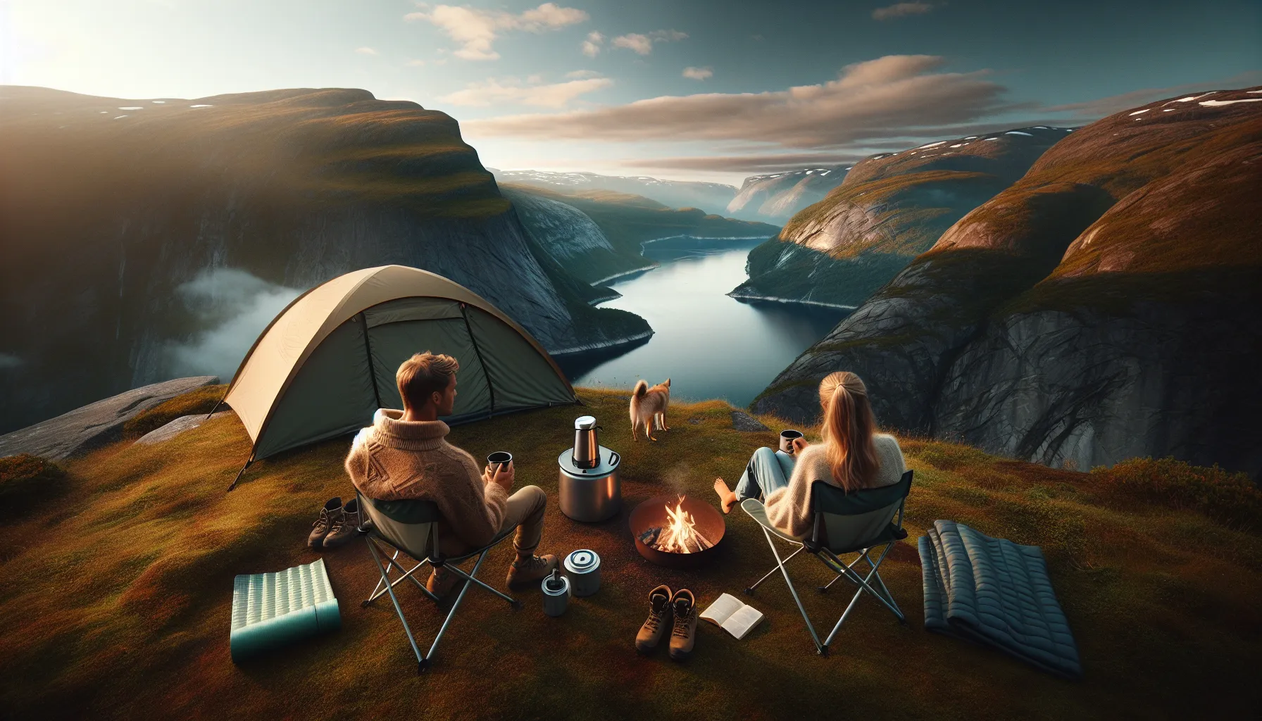 Young couple camping by a norwegian fjord under warm midnight-sun light.