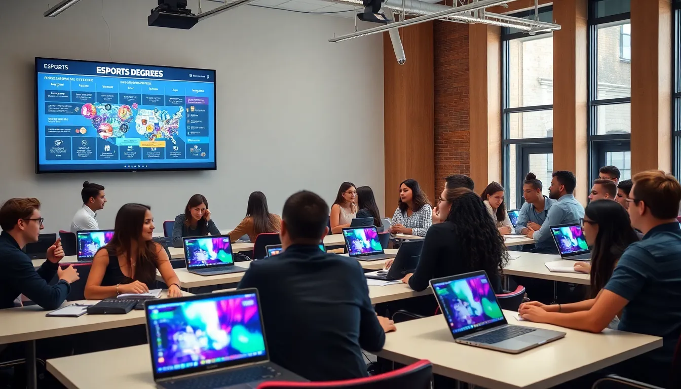 diverse students collaborating in a university classroom on esports topics.