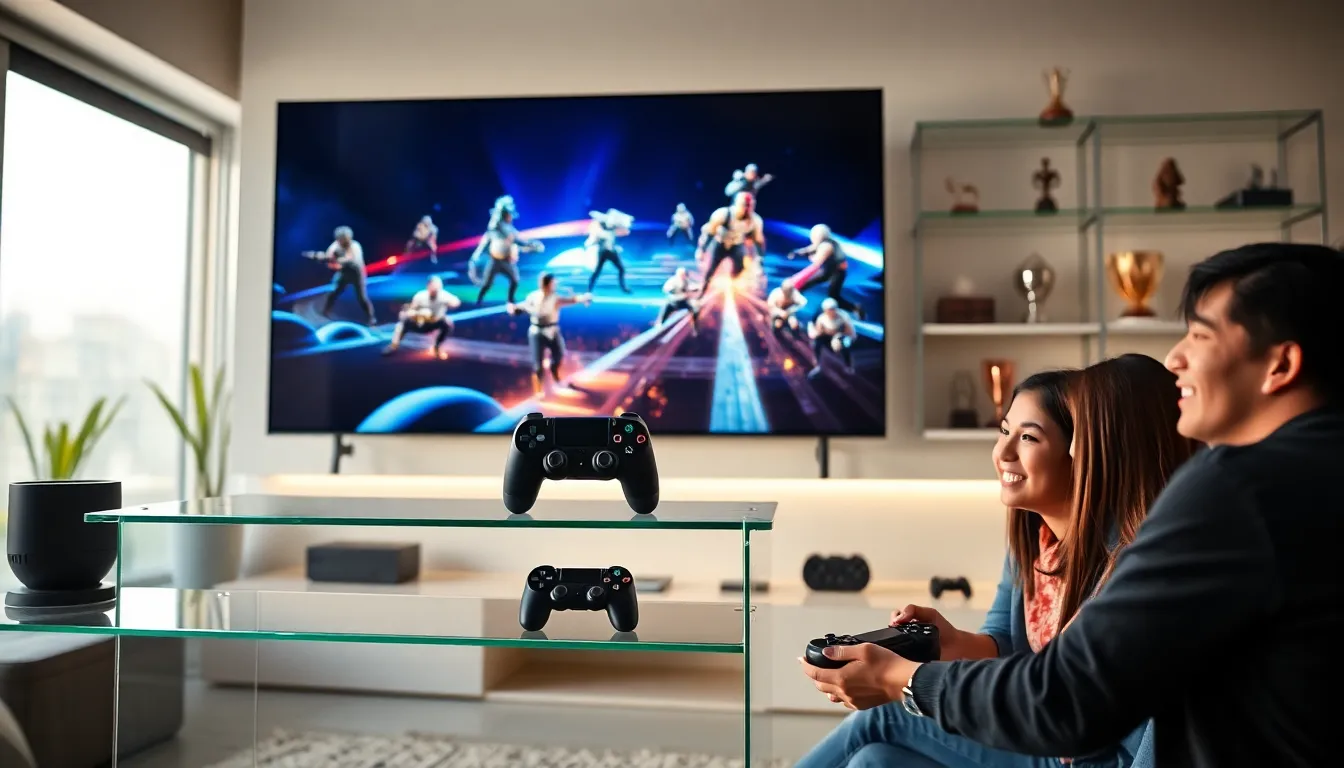 diverse gamers enjoying a modern gaming setup with the latest PlayStation.