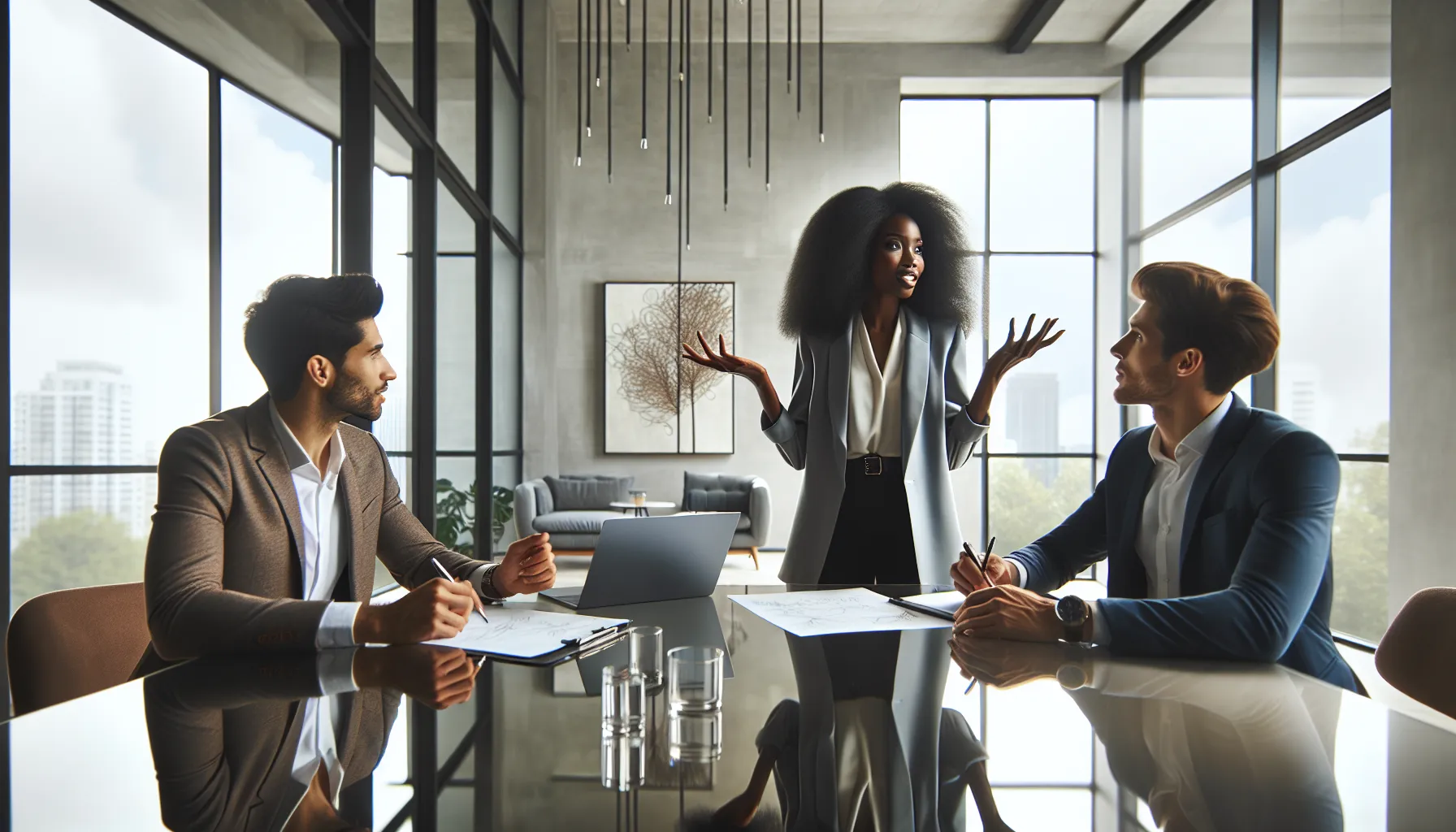 diverse professionals discussing Suihkushsmpoo in a modern office.