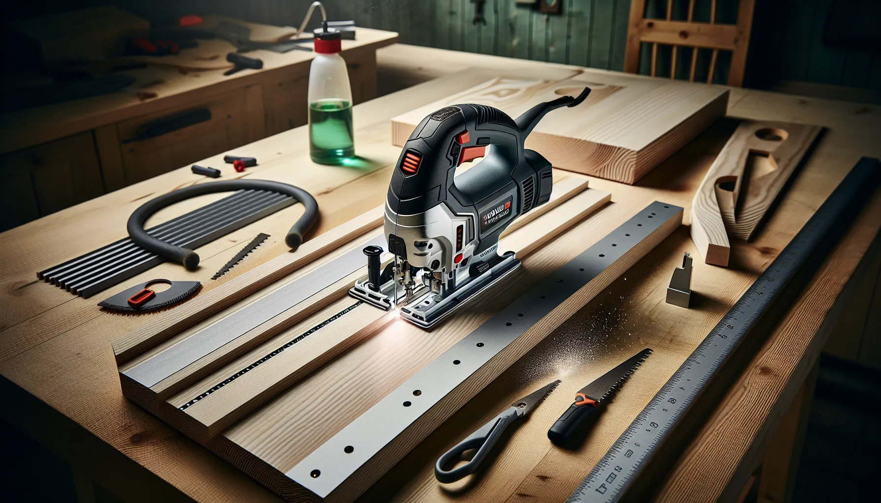 Jigsaw cutting taped laminate with led, plus blades and materials for comparison.