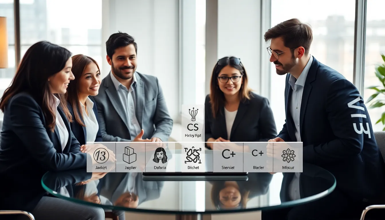 professionals discussing programming languages difficulty in a modern office.