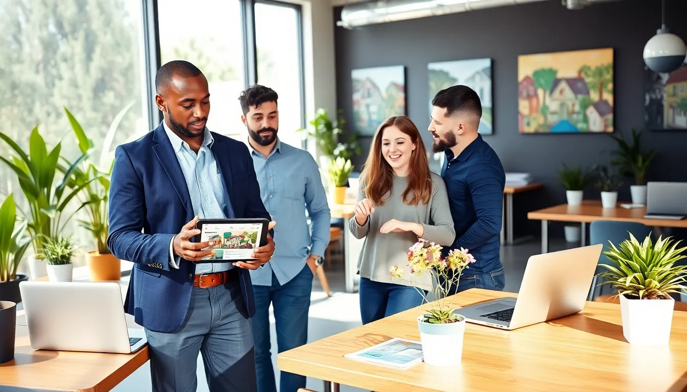 Timothy Williams talking with a couple in a modern real estate office.