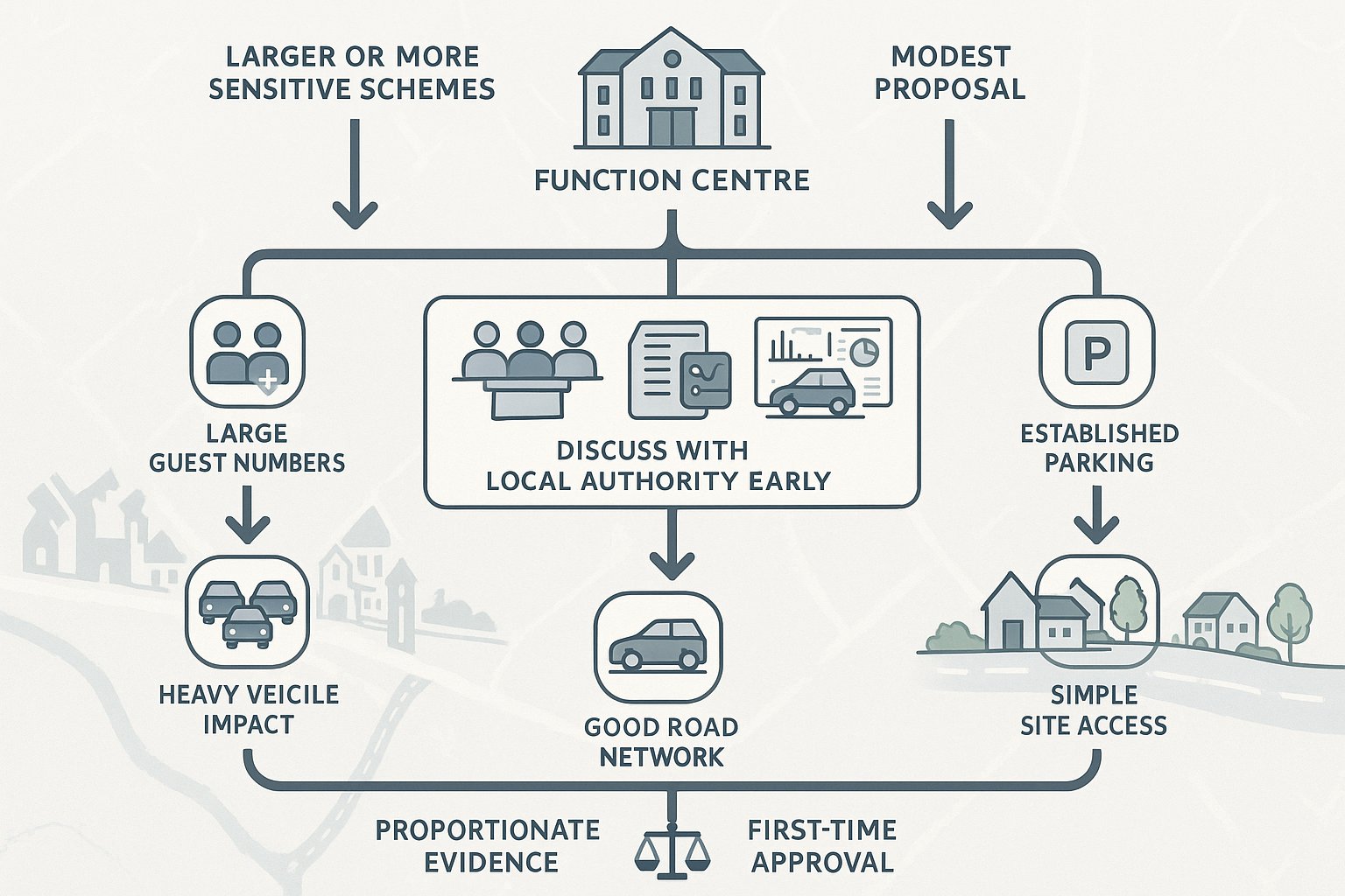 Decision tree showing when a function centre needs a transport assessment.