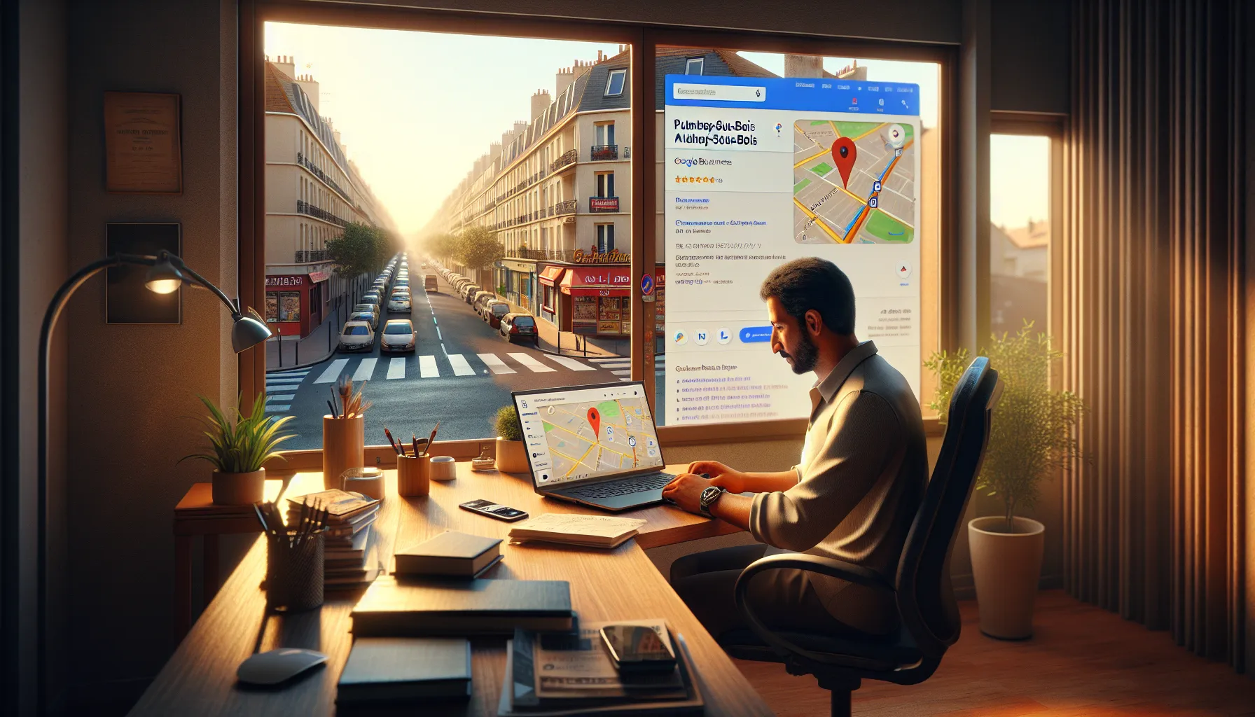 Local business owner in Aulnay-sous-Bois viewing improved Google visibility on laptop.