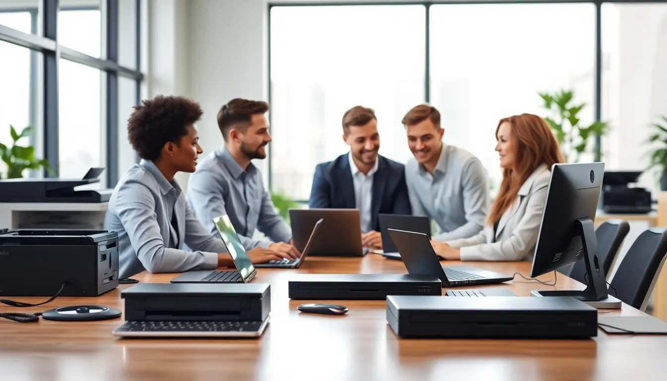 diverse professionals collaborating in a modern office with hardware solutions.
