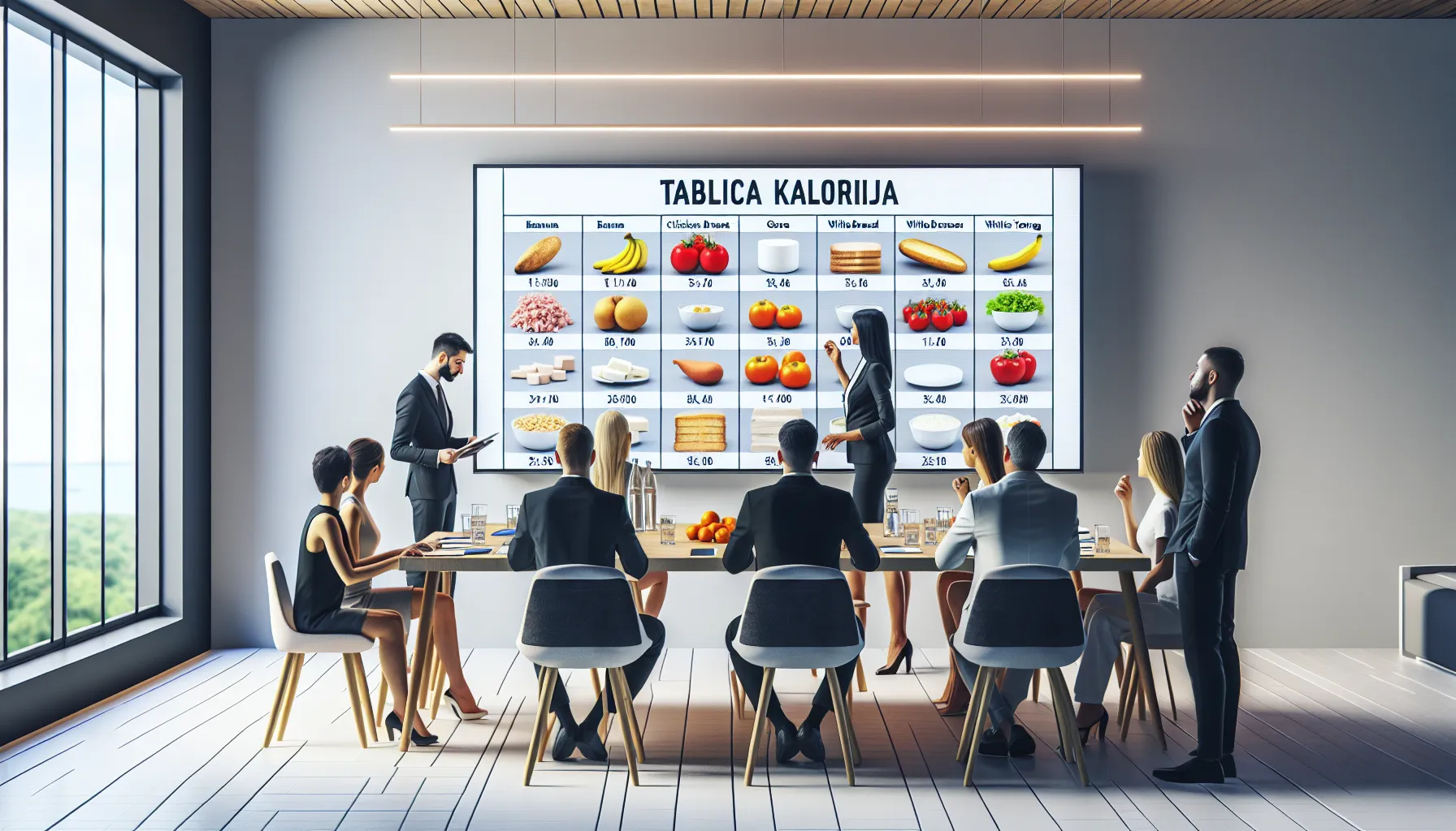 Students and teacher reviewing a digital nutrition chart in a modern classroom.