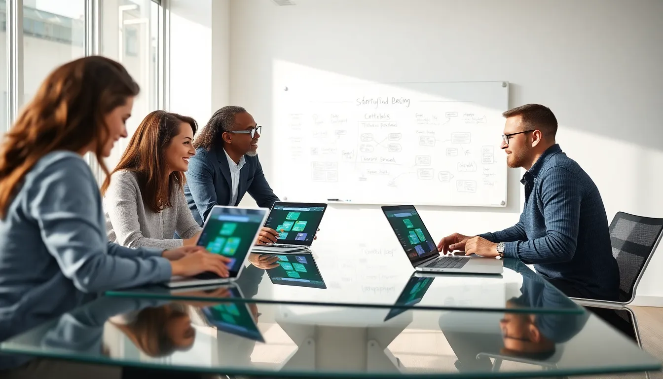 diverse team collaborating on software development in a modern office.