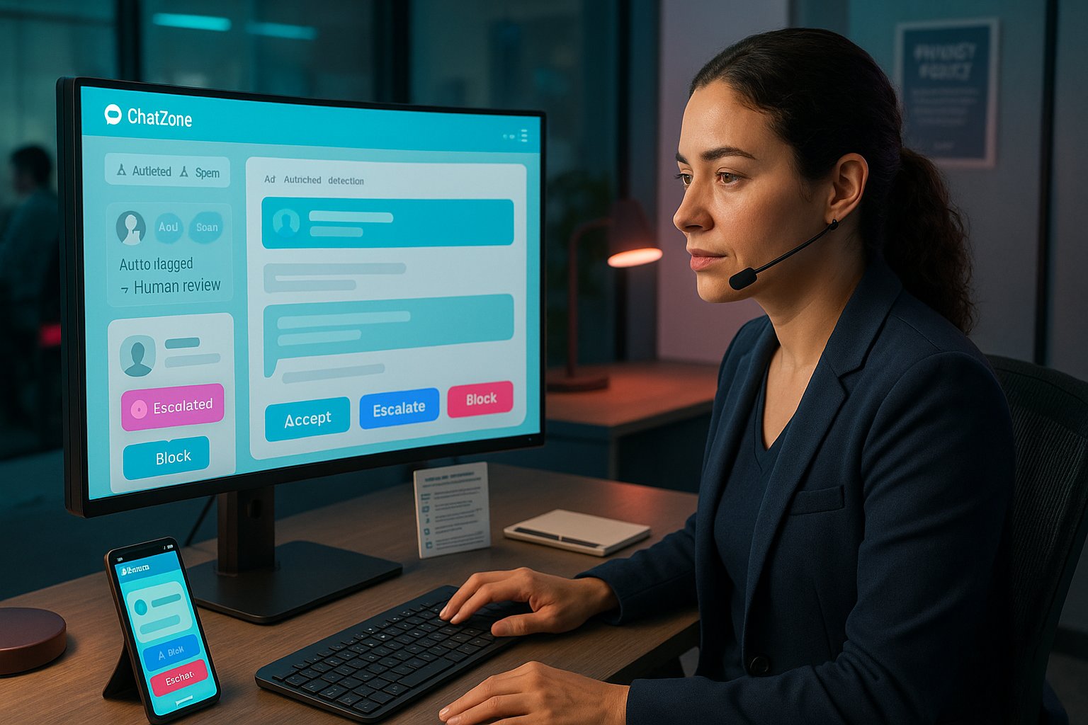 A moderator reviewing flagged chat on a branded dashboard at her desk.