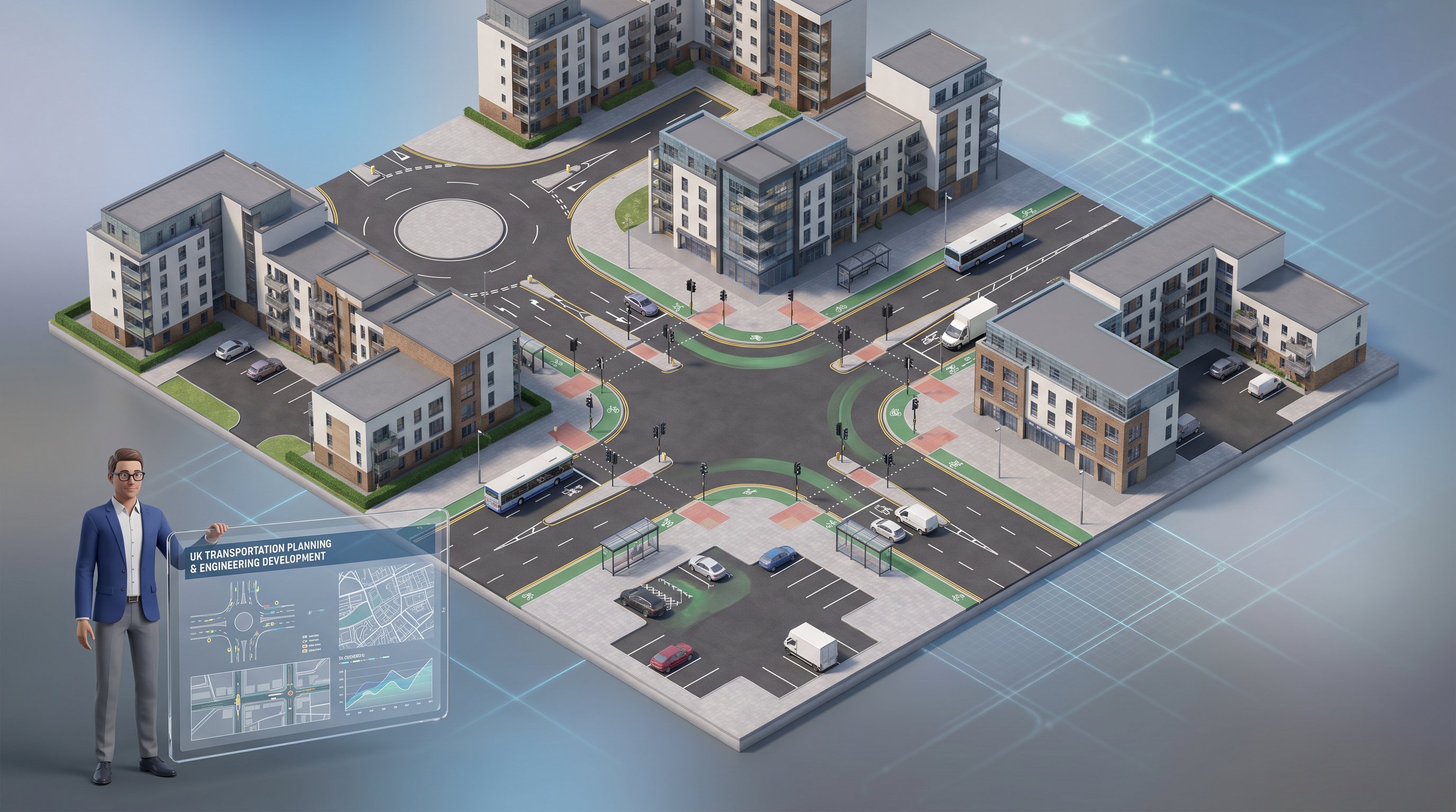 3D render of UK transportation engineer with urban junction model and planning elements.