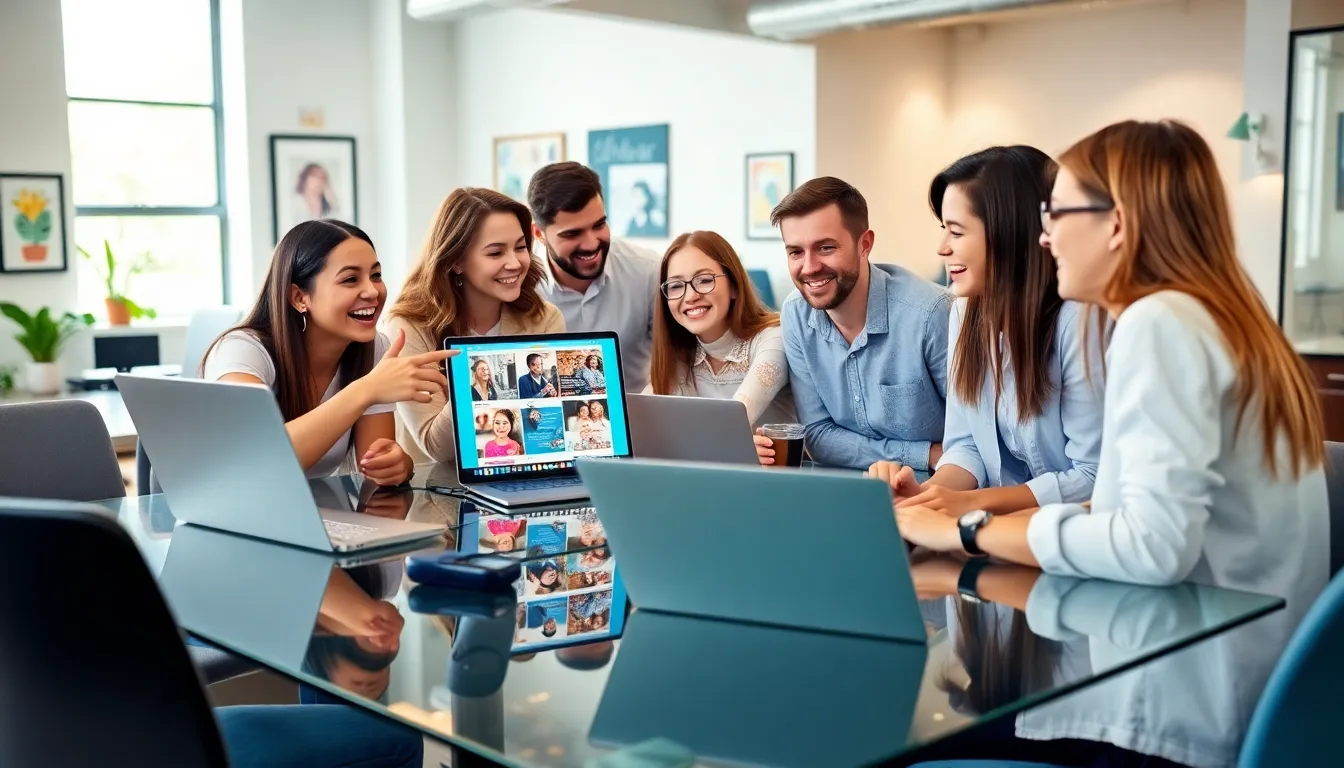 diverse team collaborating and sharing creative ideas in a modern workspace.