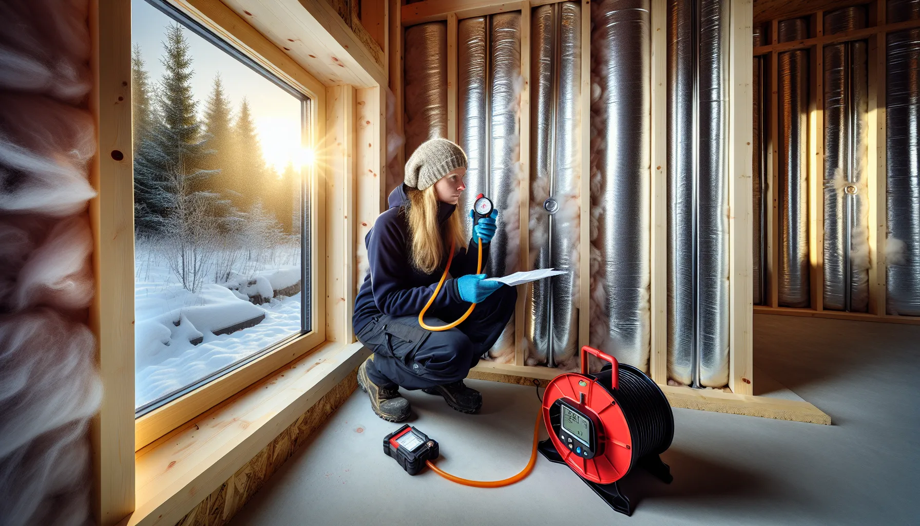 Energy auditor performing a blower door test in a well-insulated norwegian home.