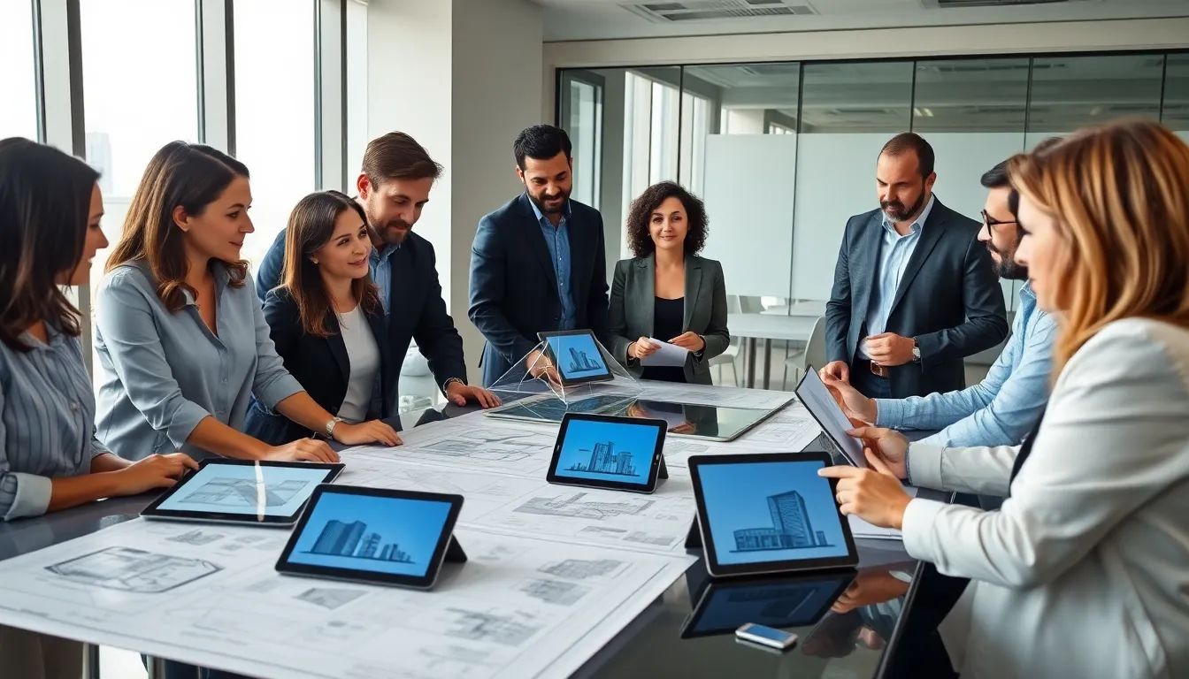 diverse architects collaborating in a modern design studio.