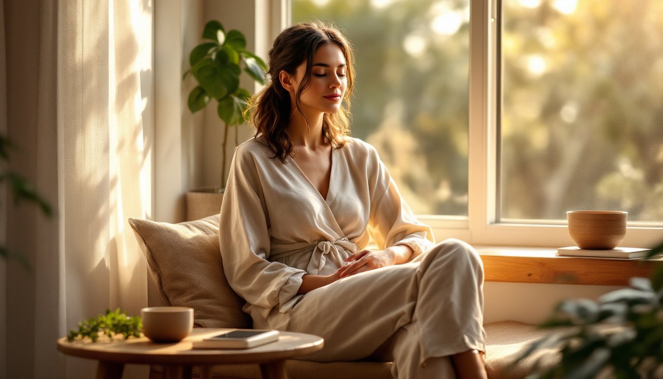 A woman sitting quietly by a sunlit window after a meal, reflecting mindfully.