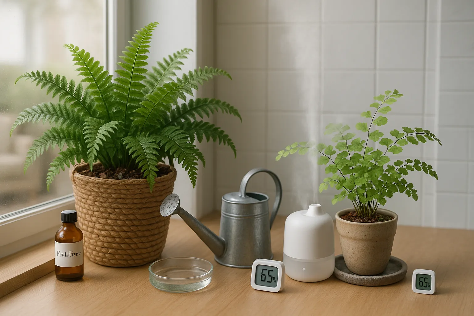 Boston fern and maidenhair fern side-by-side with watering and humidity aids.