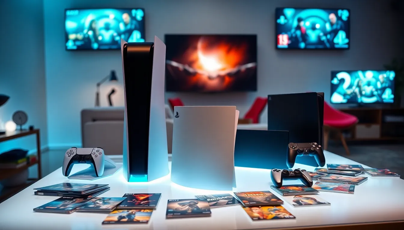 A display of PlayStation consoles from PS1 to PS5 in a modern room.