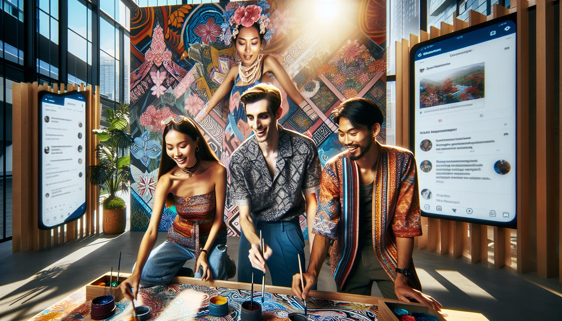 diverse individuals celebrating regional culture through art in an urban setting.