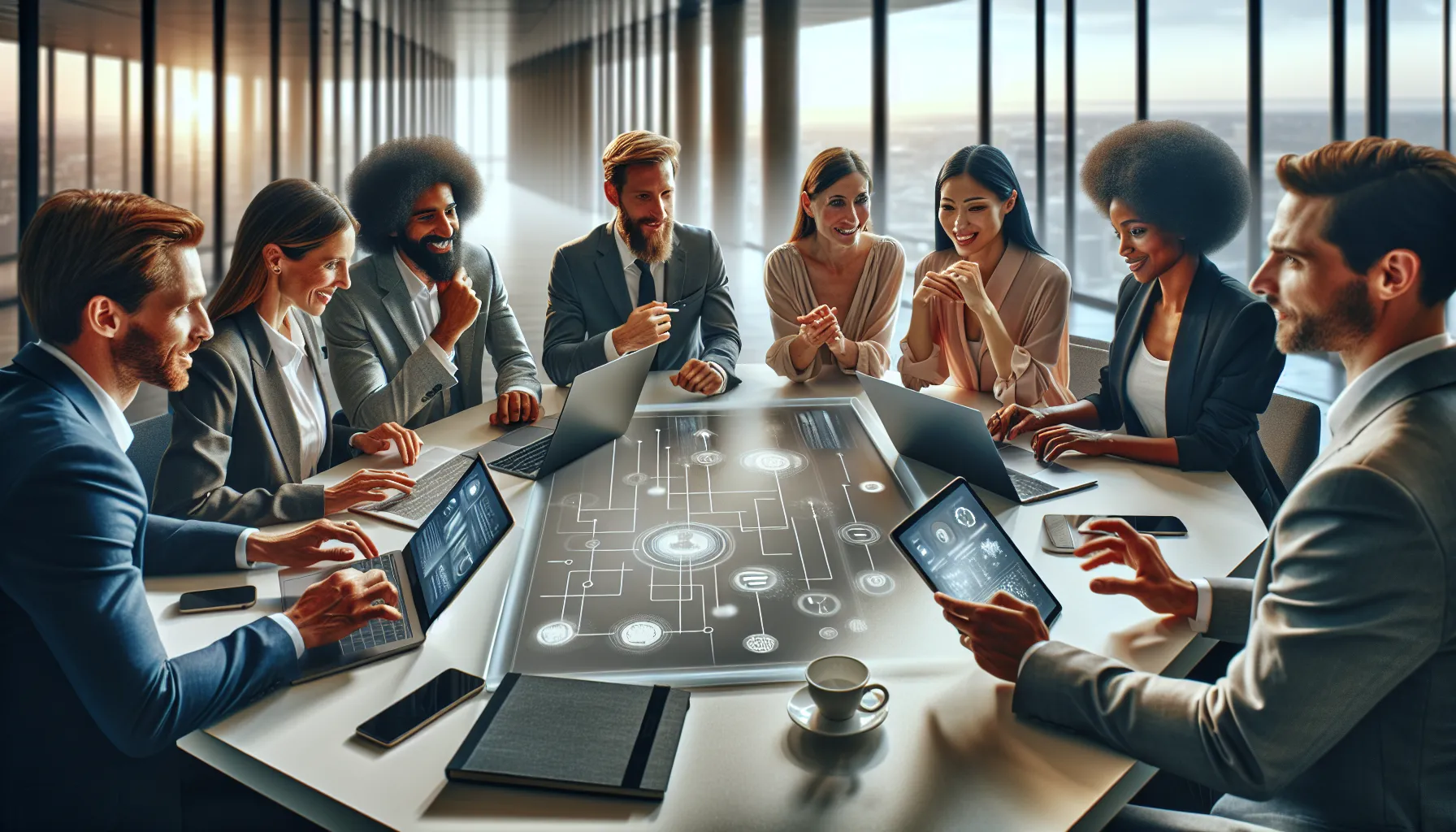 diverse team collaborating in a modern office with digital tools.