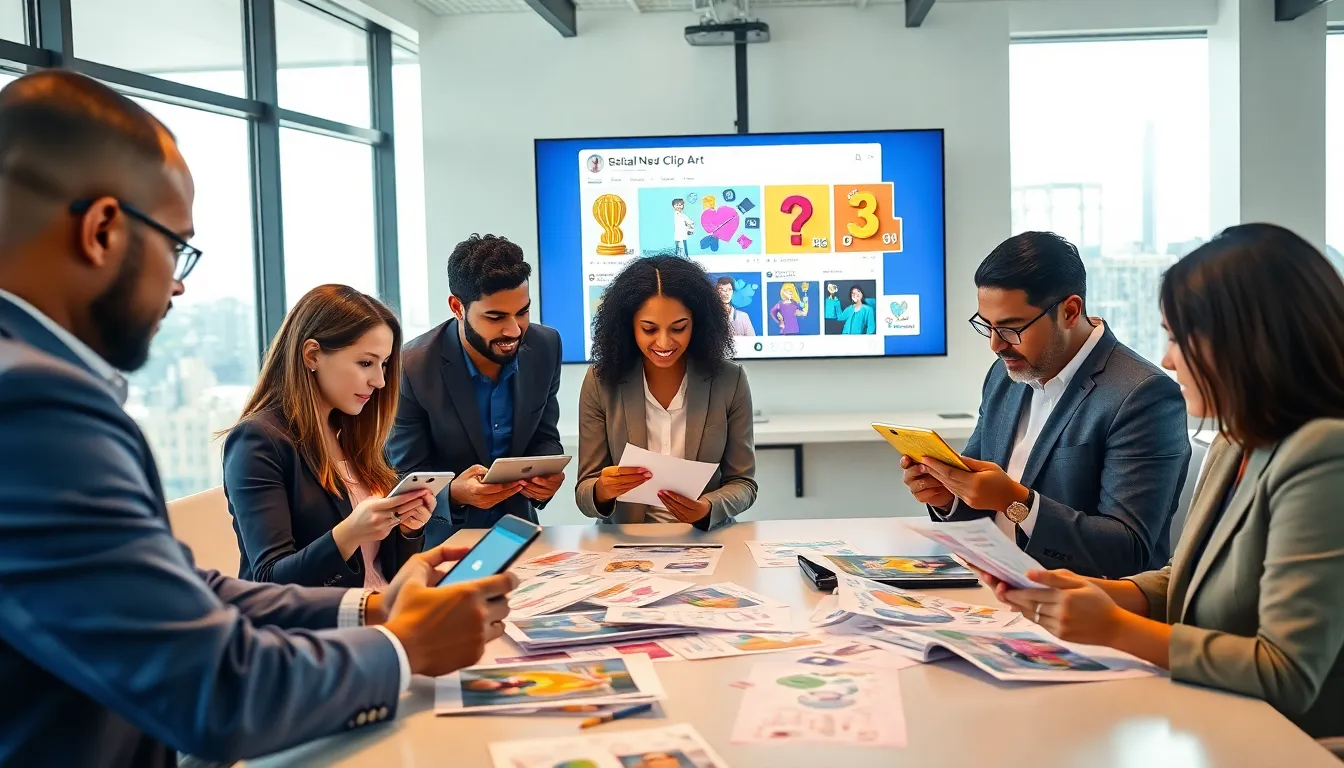 diverse team collaborating with social media clip art in a modern office.