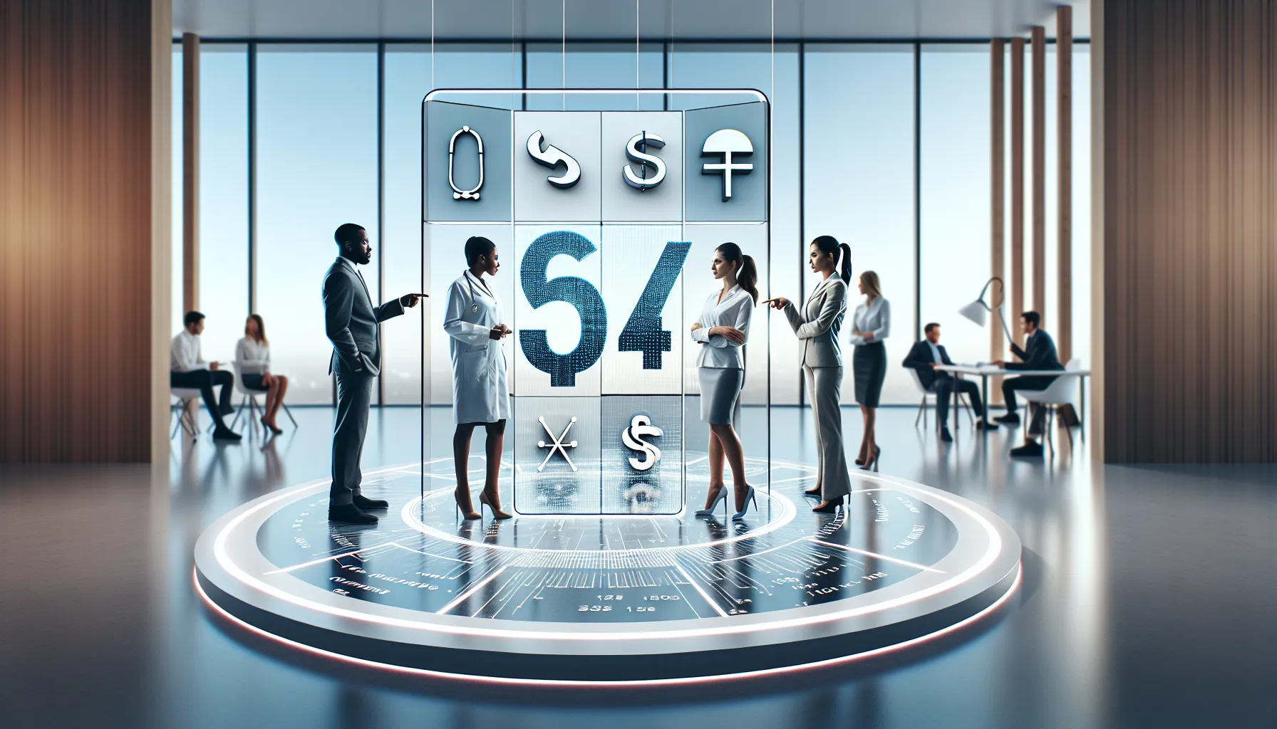 diverse professionals discussing the number 6474904311 in a modern office.