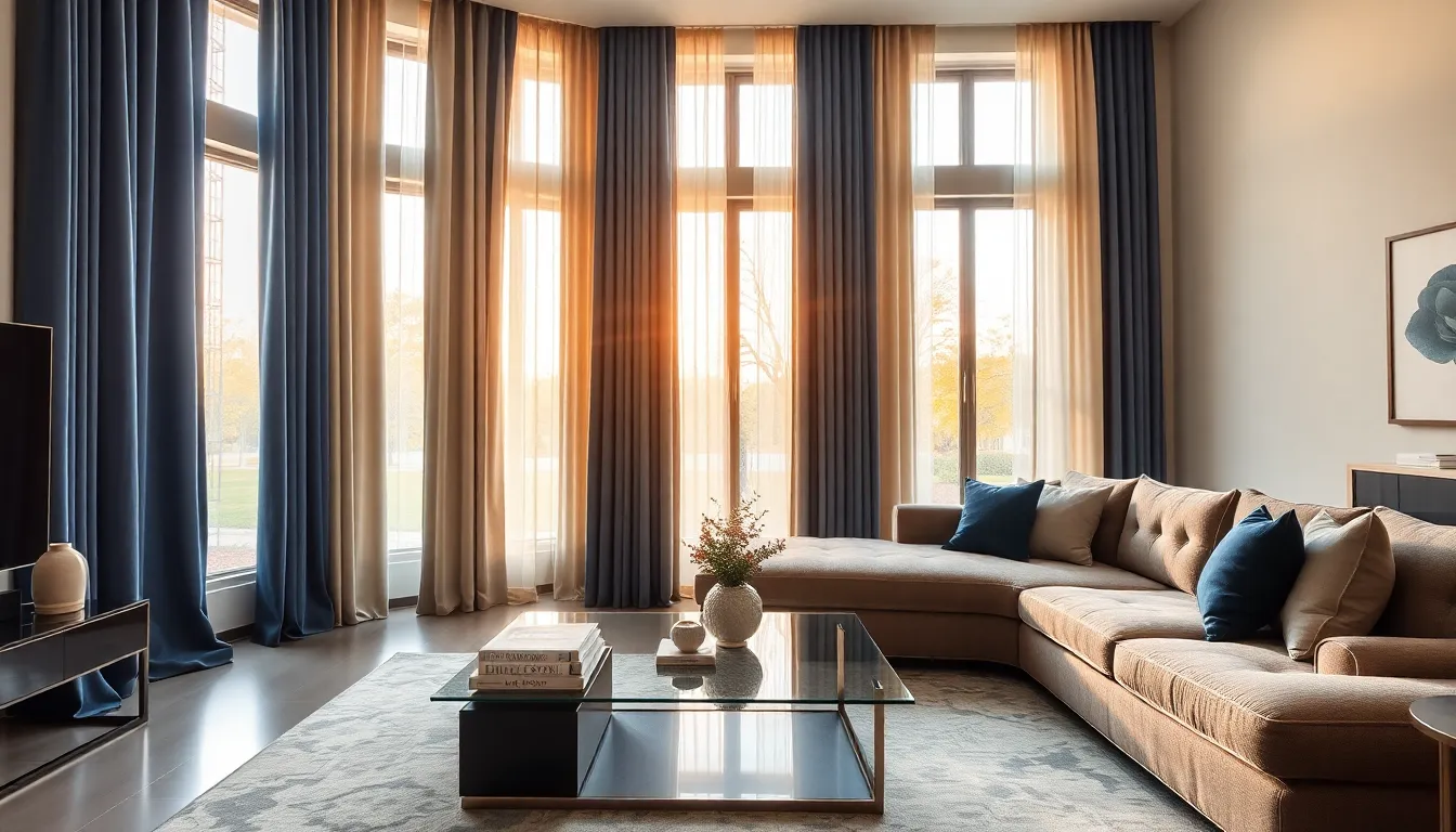 elegant living room with Dusk By Design curtains in warm light.