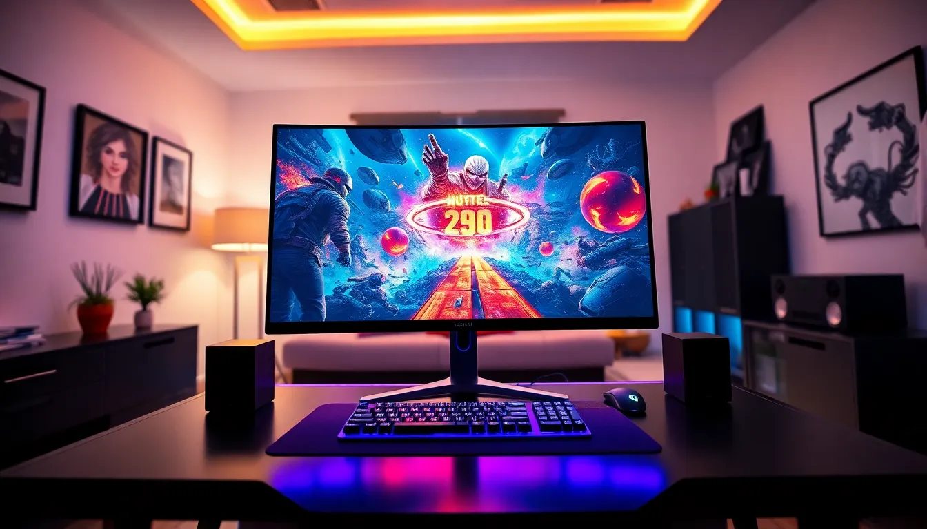 A modern gaming setup featuring a large 40 inch gaming monitor.