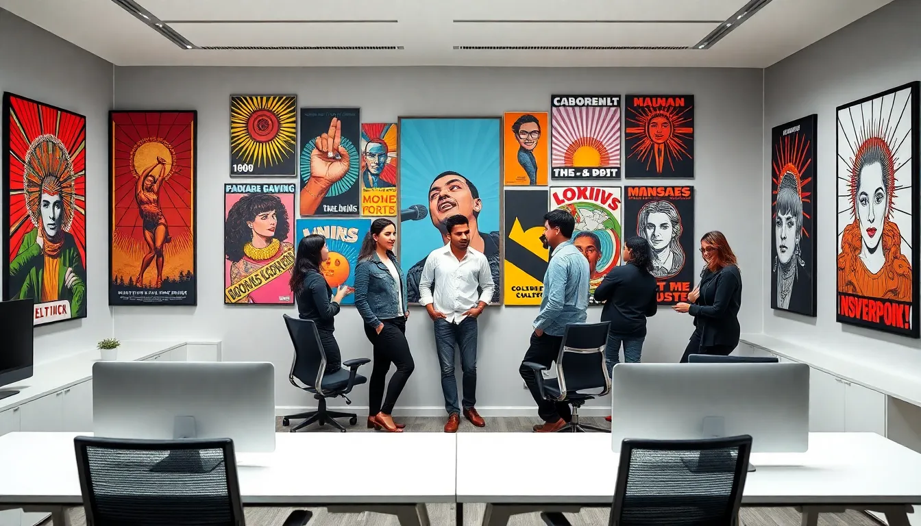 a collage of colorful pop culture posters in a modern office.