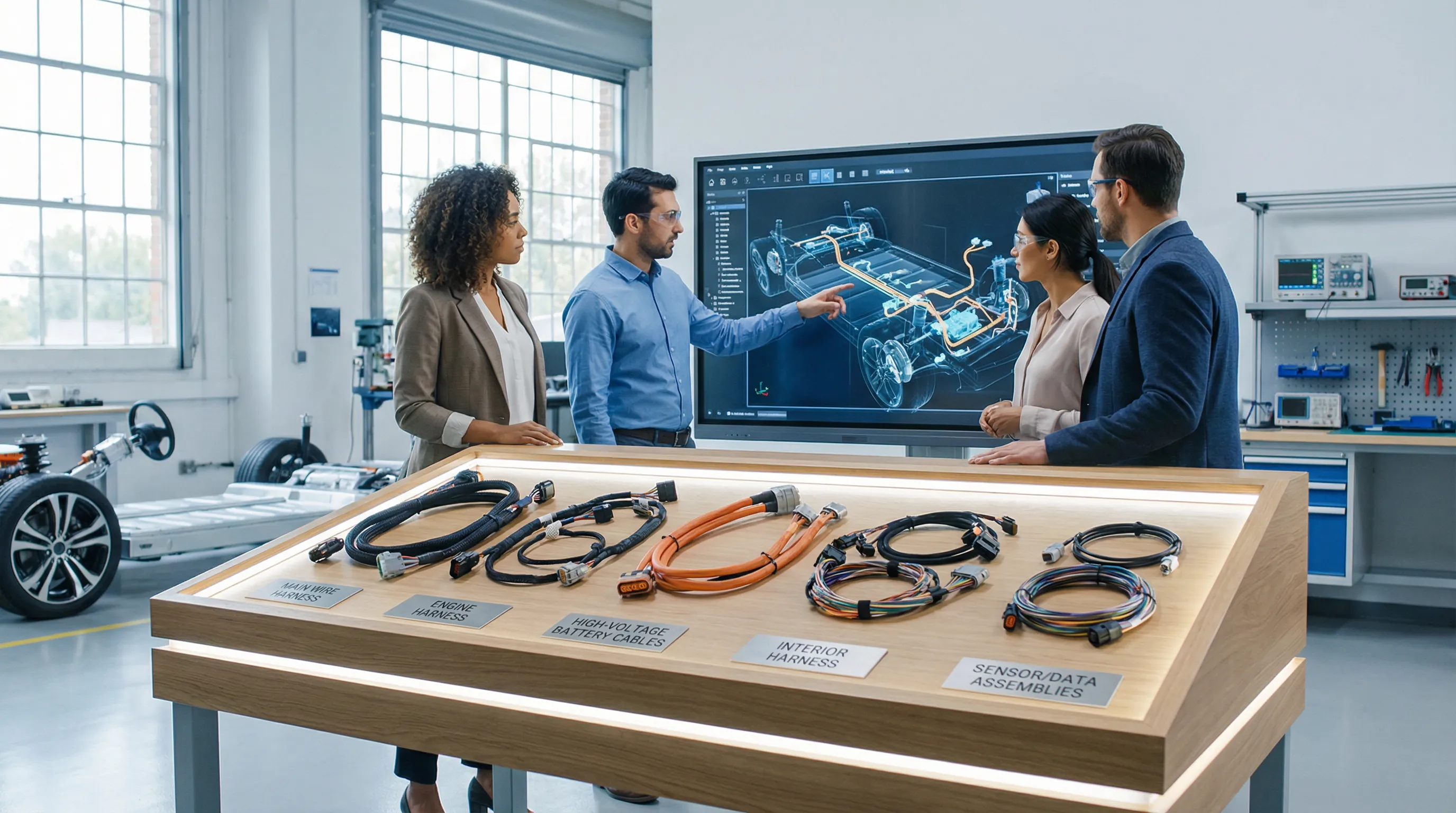 Engineers reviewing various automotive cable assemblies in a modern lab.