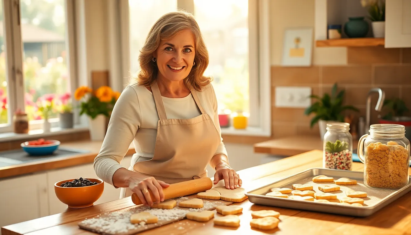 a woman baking heart-shaped cookies in a sunny kitchen.