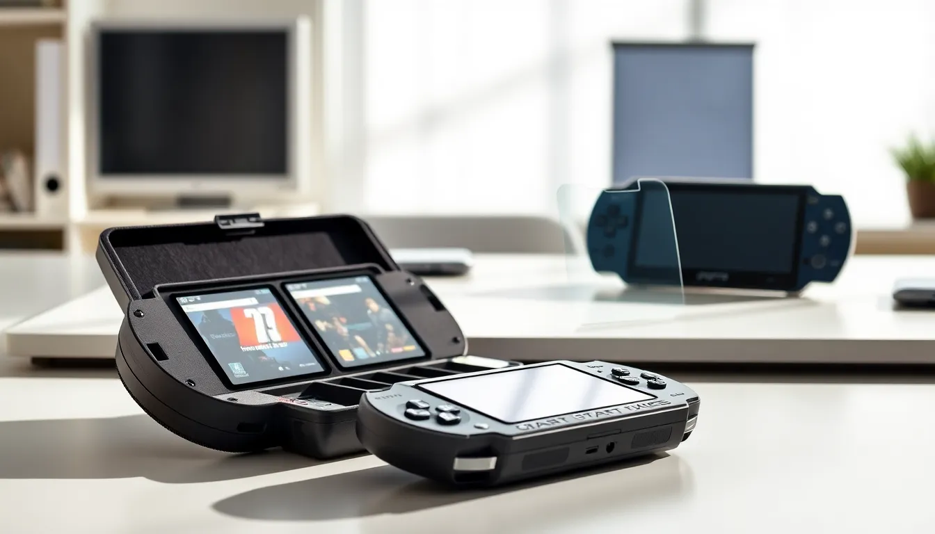 variety of PlayStation Portable accessories on a modern workspace.